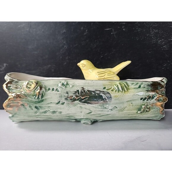 Ucagco Yellow Bird Ceramic Planter, Green Tree Trunk with Gold Gilding, Japan Vi - Picture 5 of 10